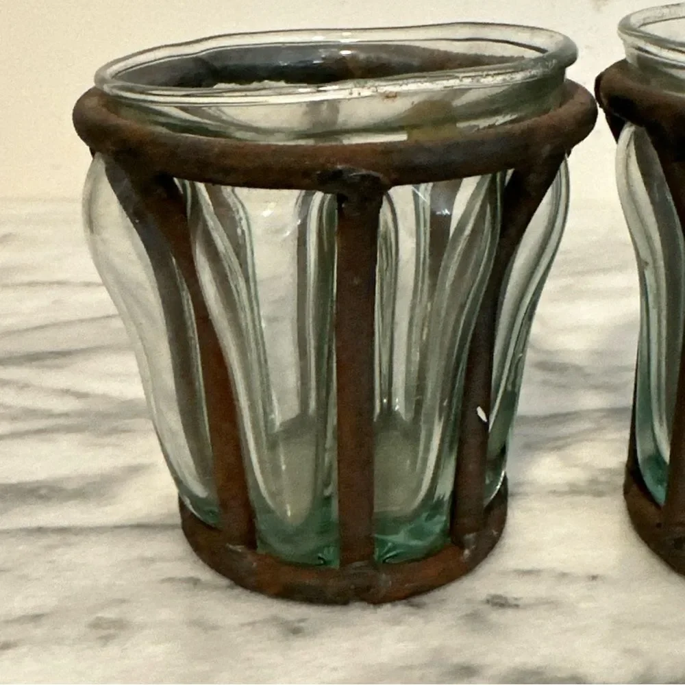 Rustic caged bubble Glass votive Candle Holders vintage brutalist
